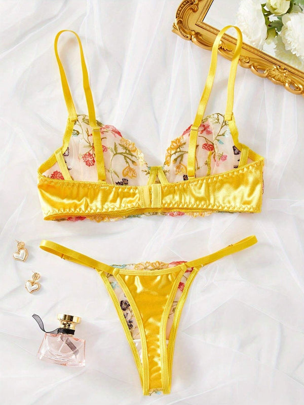 Sujetador amarillo floral transparente push up con tirantes ajustables