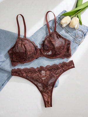 Conjunto De Lencería De Encaje Floral Marrón Rojizo