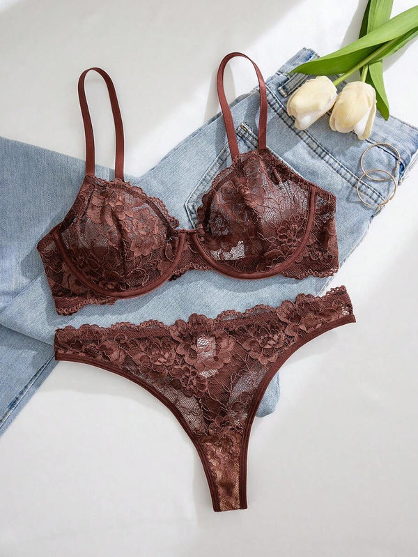 Conjunto De Lencería De Encaje Floral Marrón Rojizo