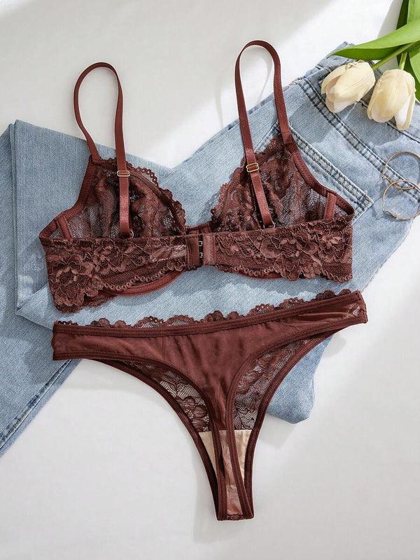 Conjunto De Lencería De Encaje Floral Marrón Rojizo