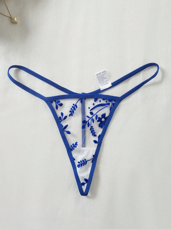 Baby Doll Lencería Azul Transparente Bordado Floral Con Tanga detalle tanga.