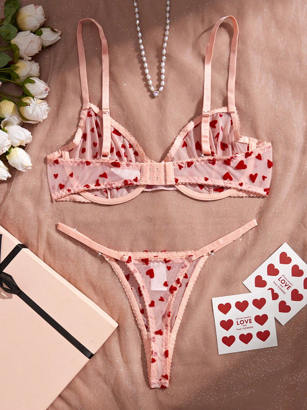 Lencería Rosa Coral Transparente Con Corazones Push Up set completo
