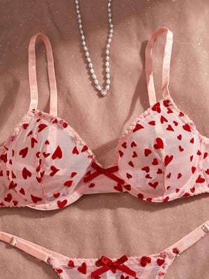 Lencería Rosa Coral Transparente Con Corazones Push Up detalle sujetador
