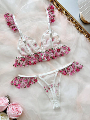 Conjunto Lencería Blanca Bordada Floral Semitransparente 2 Piezas vista posterior.
