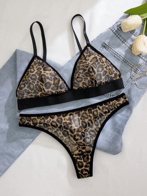 Conjunto De Lencería Leopardo De Malla Transparente