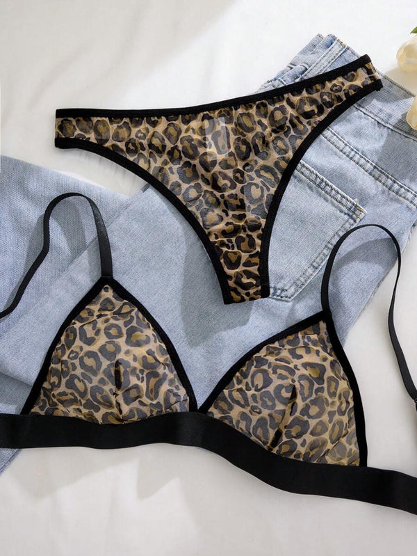 Conjunto De Lencería Leopardo De Malla Transparente