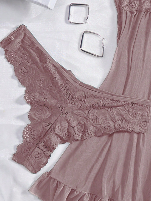 Negligé de encaje caqui con volante y lazo conjunto completo