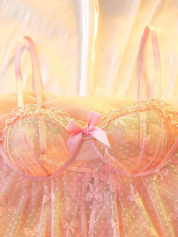 Babydoll Rosa Romántico Con Mariposas y Encaje
