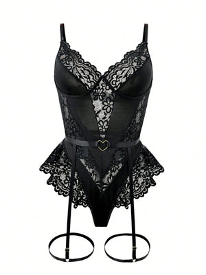 Negligé negro de encaje transparente clásico sexy set completo.