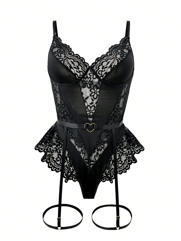 Negligé negro de encaje transparente clásico sexy set completo.