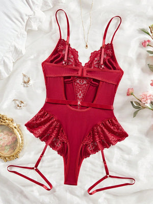 Negligé burdeos de encaje con abertura sexy vista trasera
