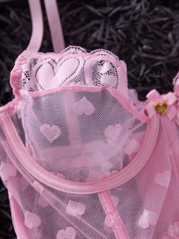 Conjunto De Lencería Rosa Con Corazones Y Malla Transparente