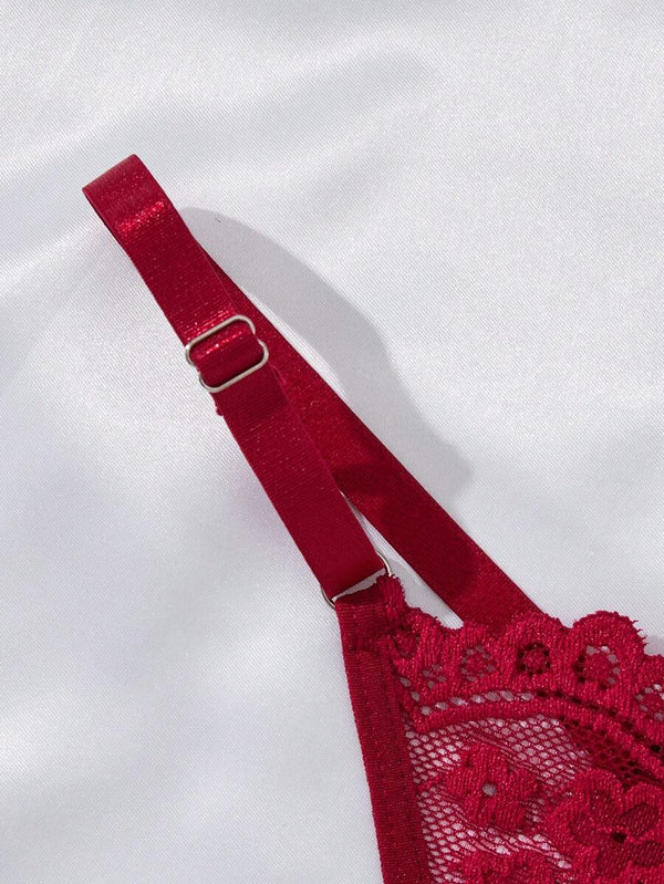 Babydoll Rojo De Encaje Floral Con Tanga