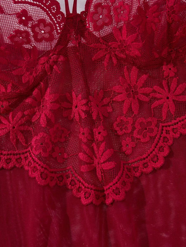 Babydoll Rojo De Encaje Floral Con Tanga