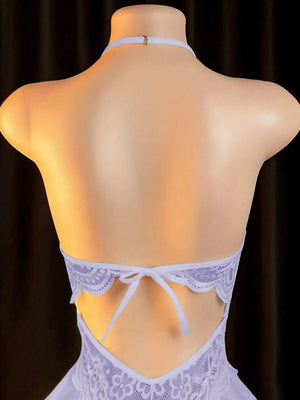 Baby Doll Lencería Púrpura Malva encaje halter detalle espalda.