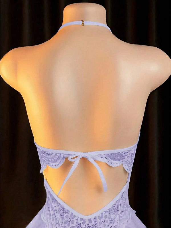 Baby Doll Lencería Púrpura Malva encaje halter detalle espalda.