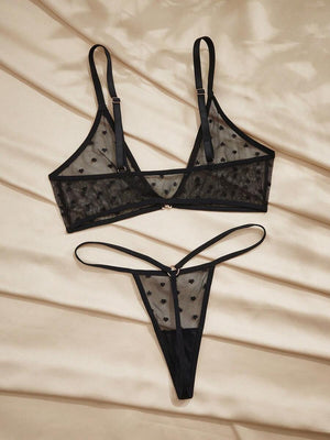 Conjunto De Lencería De Malla Con Corazones En Negro