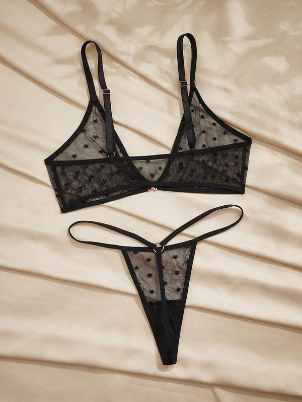 Conjunto De Lencería De Malla Con Corazones En Negro