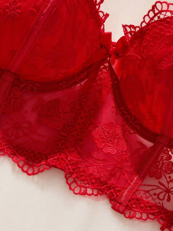 Conjunto De Lencería Rojo Con Encaje Floral Romántico