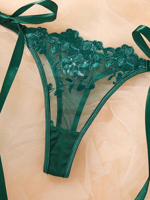 Conjunto De Lencería Verde Esmeralda Con Bordado Floral