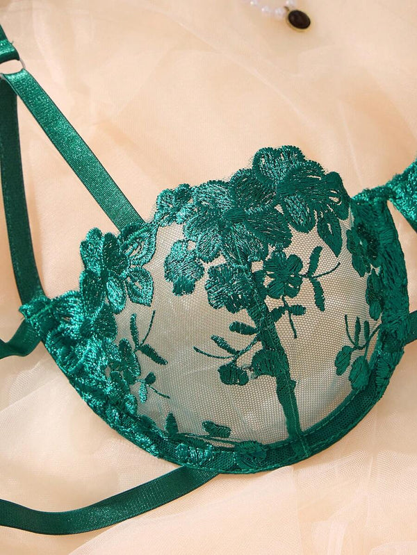 Conjunto De Lencería Verde Esmeralda Con Bordado Floral