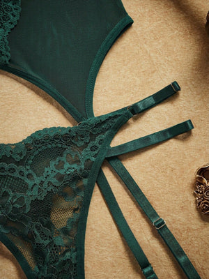 Set de lencería verde oscuro con encaje sexy vista completa