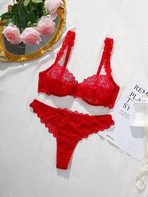 Conjunto De Lencería De Encaje Floral Rojo Sensual