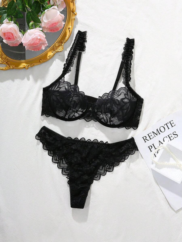 Conjunto De Lencería De Encaje Floral Negro