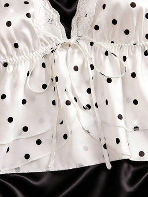 Conjunto De Pijama Satinado Con Lunares Y Encaje