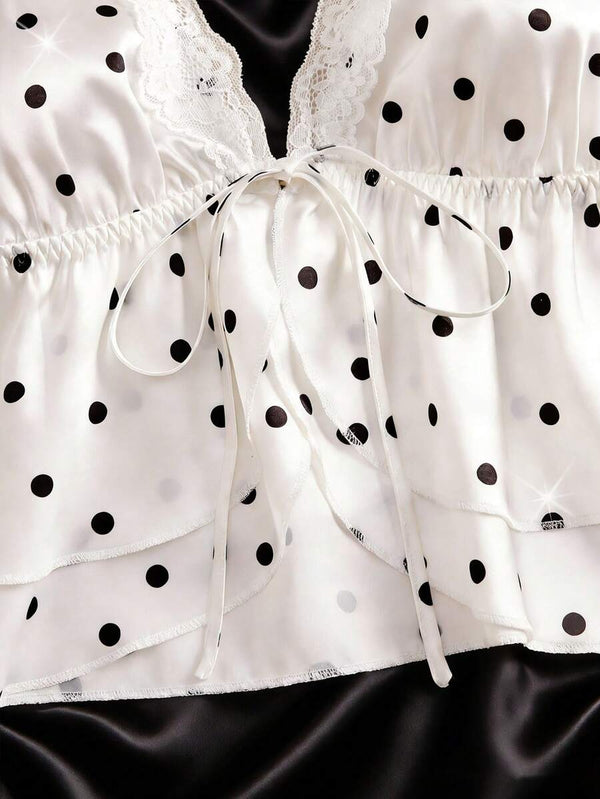 Conjunto De Pijama Satinado Con Lunares Y Encaje