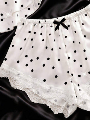 Conjunto De Pijama Satinado Con Lunares Y Encaje