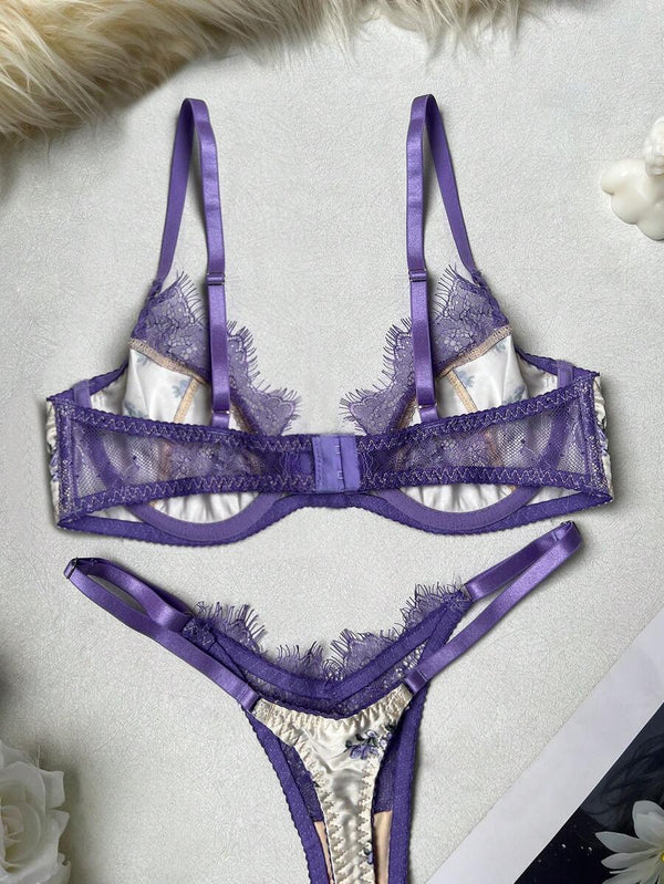 Conjunto De Lencería Floral Con Encaje Lila Romántico