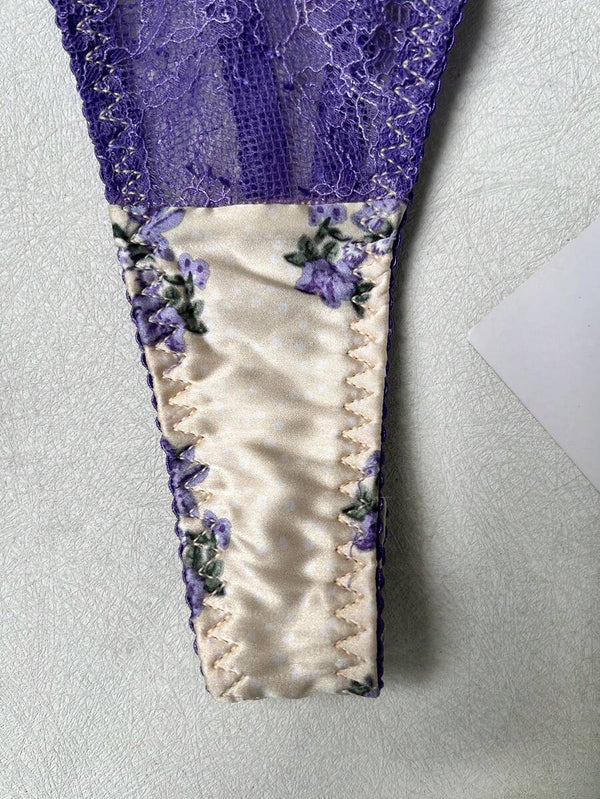 Conjunto De Lencería Floral Con Encaje Lila Romántico