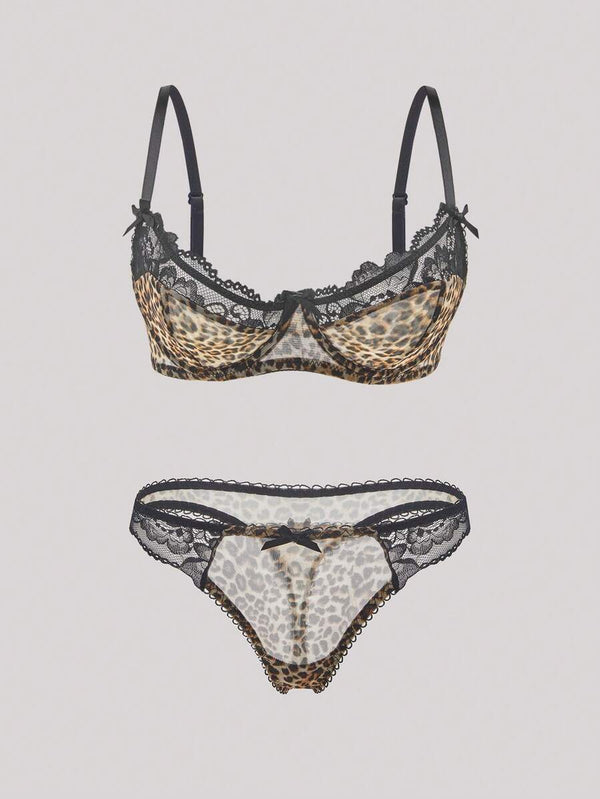 Conjunto De Lencería Leopardo Con Encaje Sensual