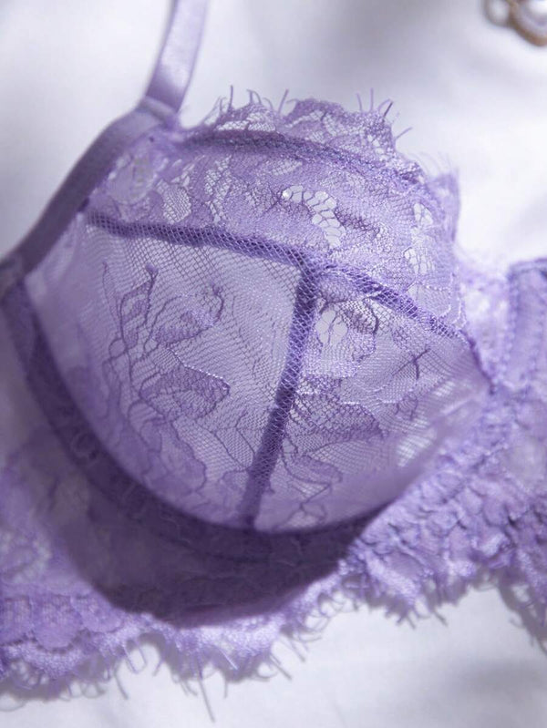 Conjunto De Lencería De Encaje Floral Lila Con Aros