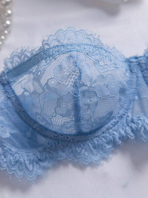 Conjunto De Lencería De Encaje Floral Celeste
