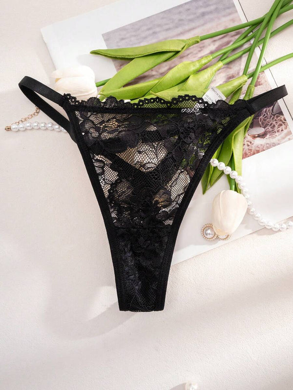 Conjunto de Lencería de Encaje Floral Negro