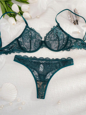 Conjunto De Lencería De Encaje Floral Verde Oscuro
