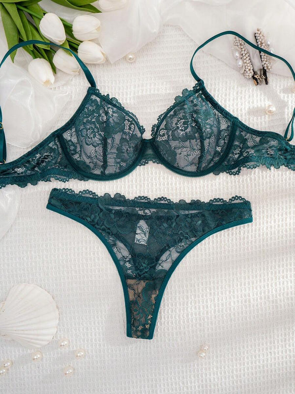 Conjunto De Lencería De Encaje Floral Verde Oscuro