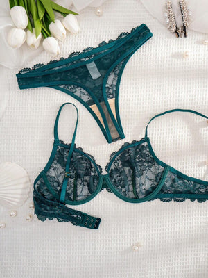 Conjunto De Lencería De Encaje Floral Verde Oscuro
