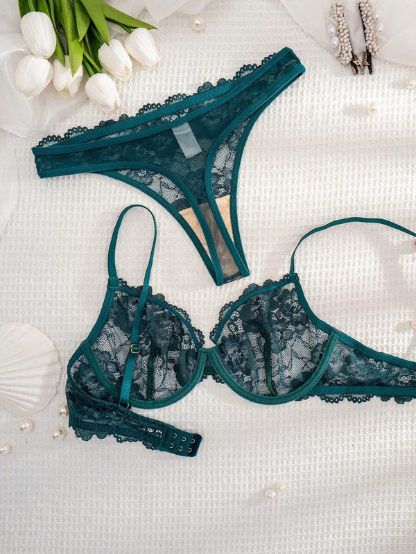 Conjunto De Lencería De Encaje Floral Verde Oscuro