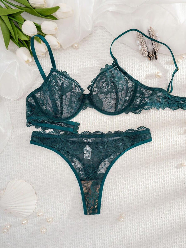 Conjunto De Lencería De Encaje Floral Verde Oscuro