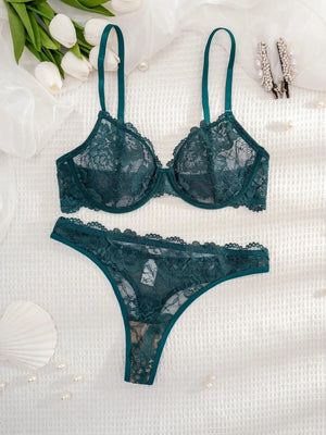 Conjunto De Lencería De Encaje Floral Verde Oscuro