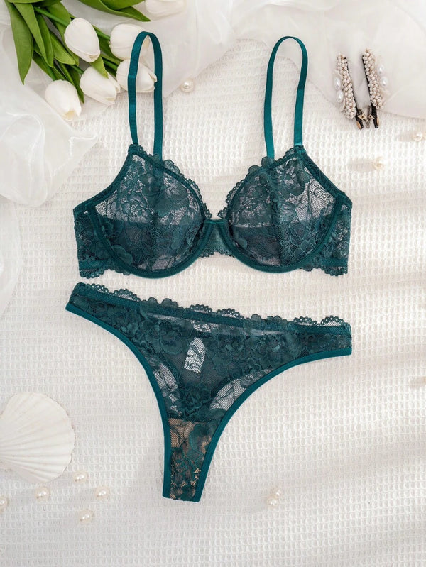 Conjunto De Lencería De Encaje Floral Verde Oscuro