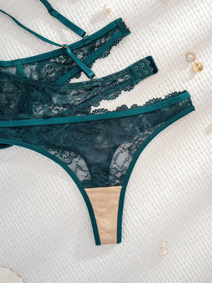 Conjunto De Lencería De Encaje Floral Verde Oscuro