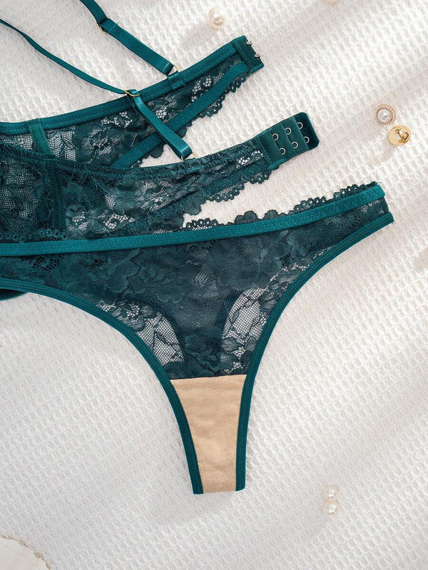 Conjunto De Lencería De Encaje Floral Verde Oscuro