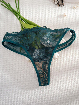 Conjunto De Lencería De Encaje Floral Verde Oscuro