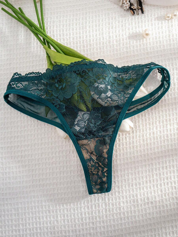 Conjunto De Lencería De Encaje Floral Verde Oscuro