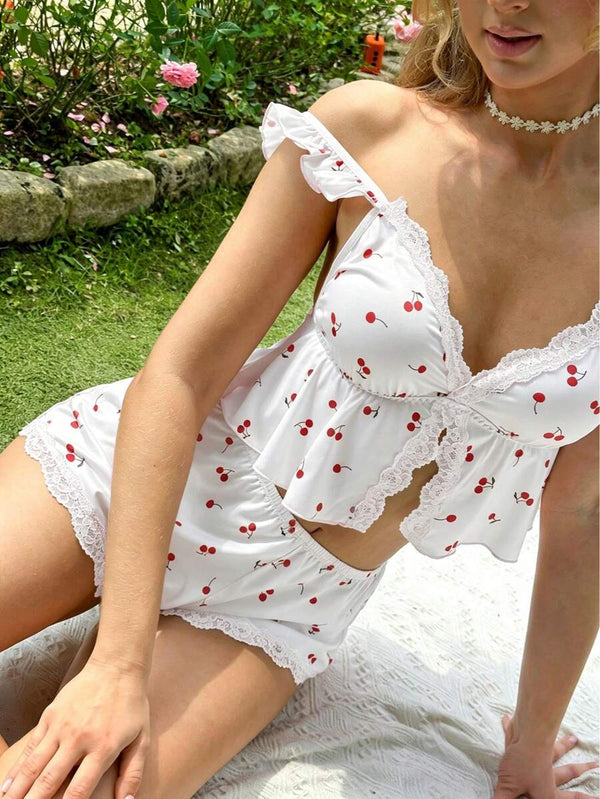 Conjunto de Pijama con Estampado de Cerezas y Encaje