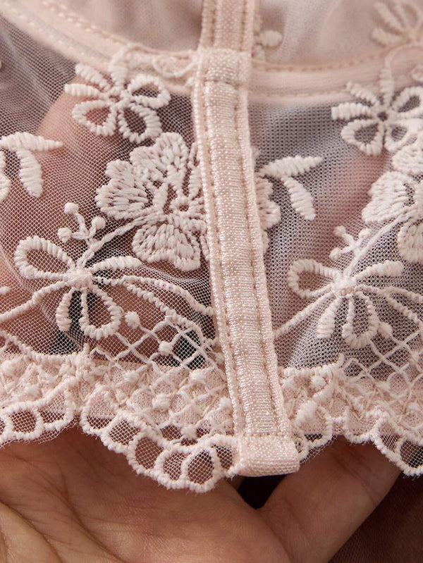 Conjunto De Lencería De Encaje Floral Con Corsé Rosa